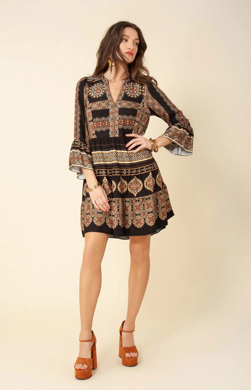 Hale Bob Agathe Twill Dress Tiered Swingy Skirt Multicolor Size Small